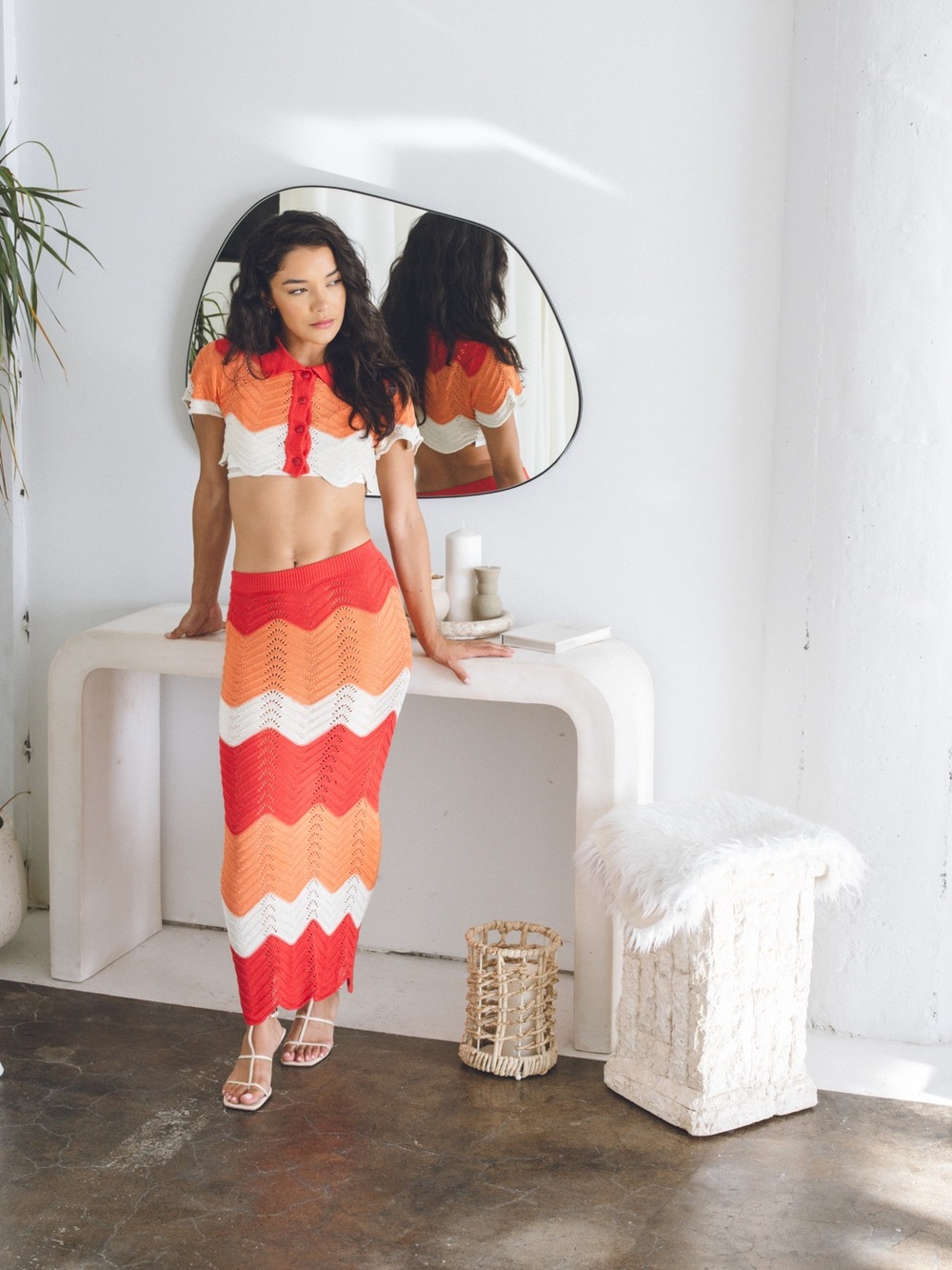 Crochet Chevron Midi Skirt in Red, Orange & White